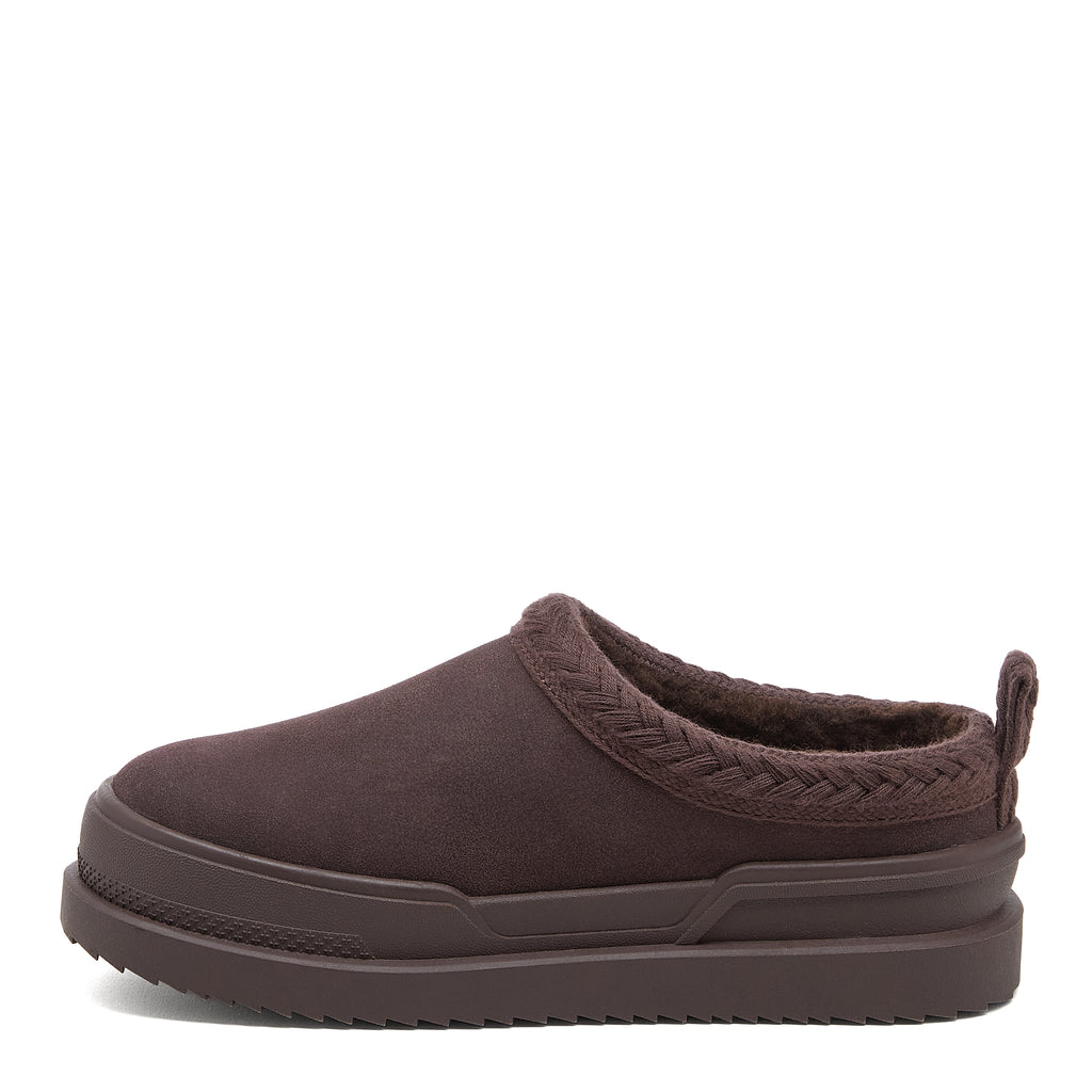Relax Chocolate Mule Slippers dark brown casuals side view showing the rounded toe, side logo tab, layered sole and tread edge