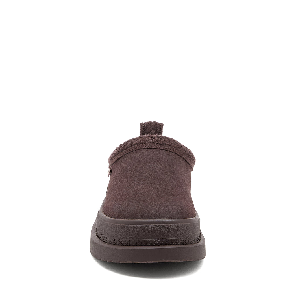 Relax Chocolate Mule Slippers dark brown casuals front view showing the rounded toe, low mule back and chunky sole