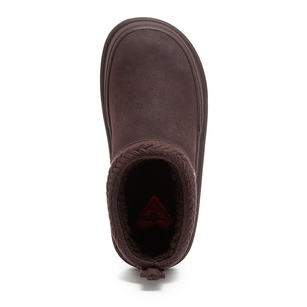 Relax Chocolate Mule Slippers dark brown casuals top view showing the open mule shape, rounded toe and braided collar trim