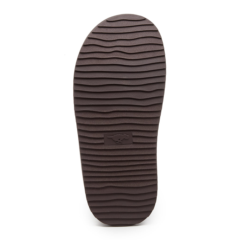 Relax Chocolate Mule Slippers dark brown casuals outsole view showing the dark brown ridged tread and Rocket Dog logo detail
