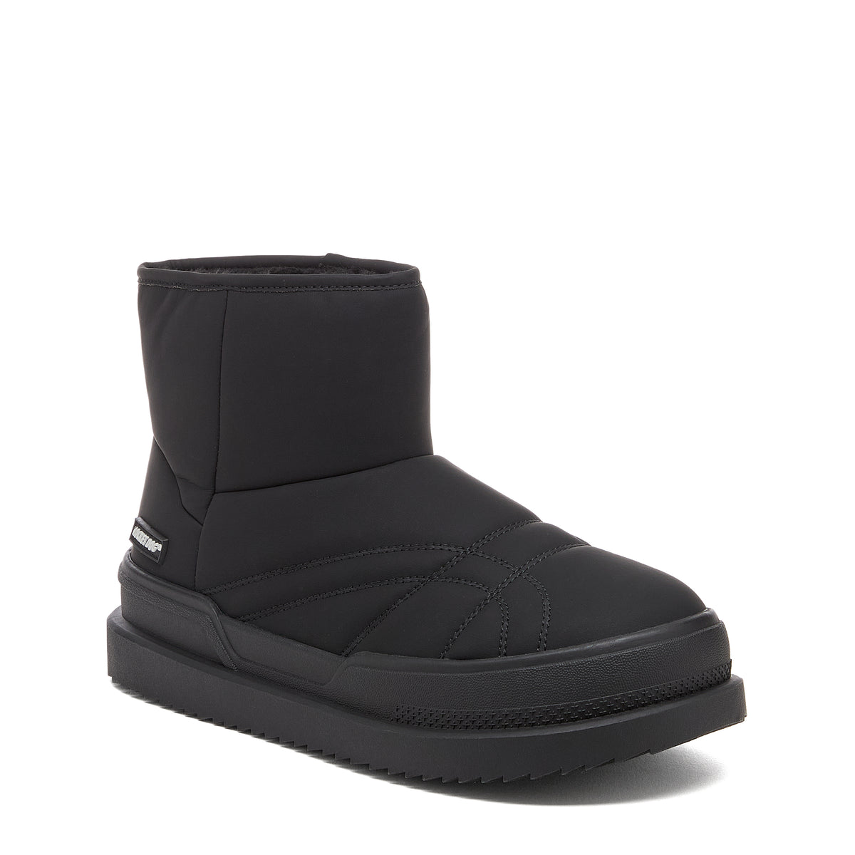Ryder Black Slipper Boots casual boot front angled view showing rounded toe, stitched panel detail and black treaded sole