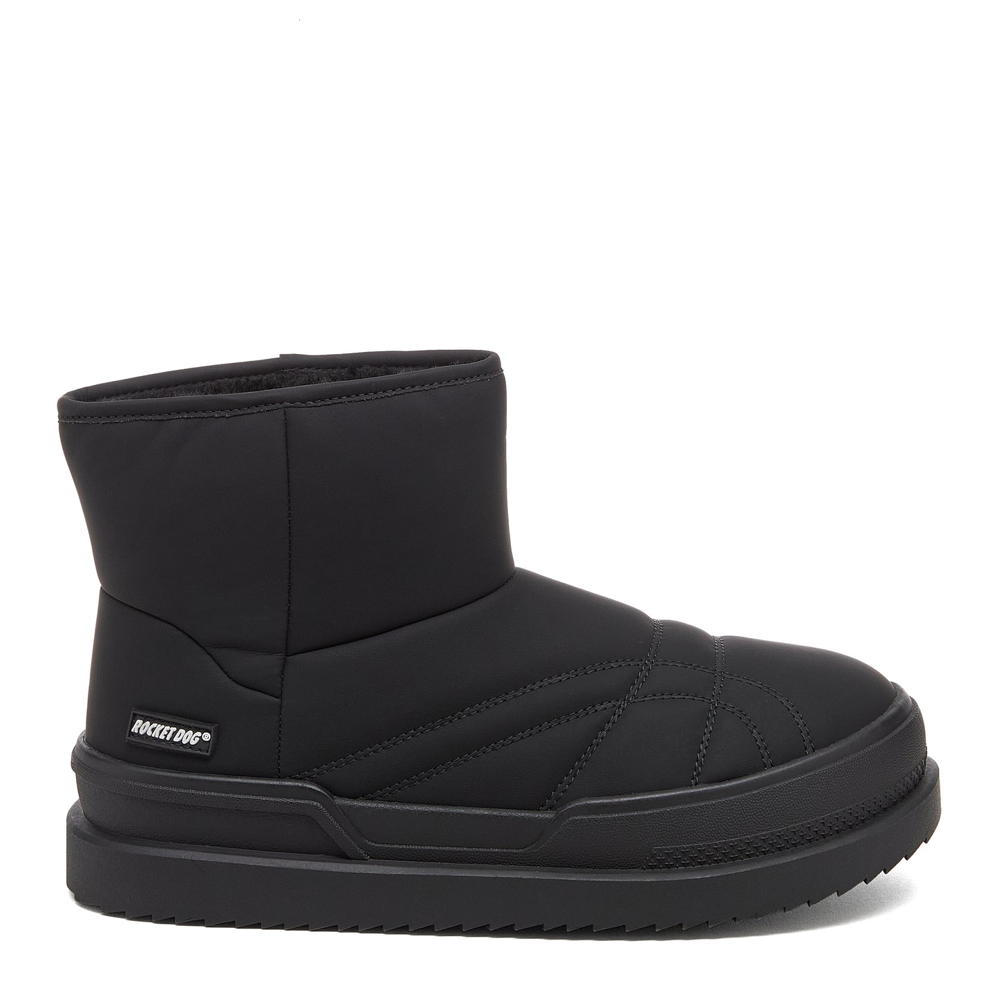 Ryder Black Slipper Boots casual boot side view showing Rocket Dog side badge, ankle height and black sole