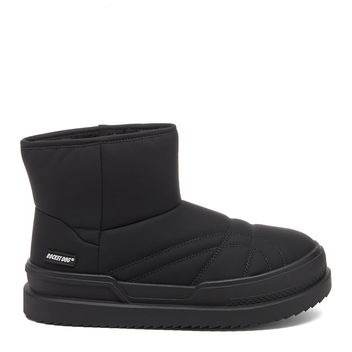 Ryder Black Slipper Boots casual boot side view showing Rocket Dog side badge, ankle height and black sole