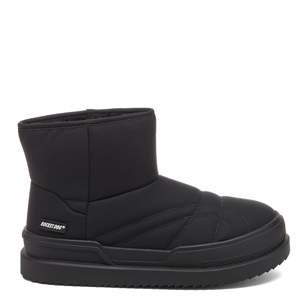 Ryder Black Slipper Boots casual boot side view showing Rocket Dog side badge, ankle height and black sole