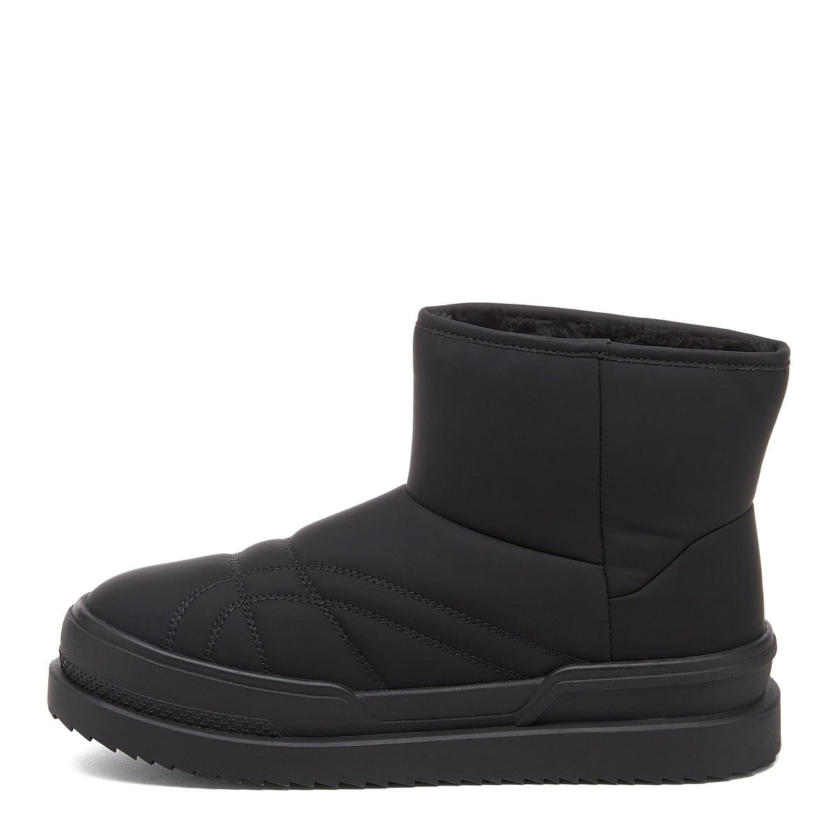 Ryder Black Slipper Boots casual boot side view showing pull-on ankle shape, stitched upper panels and black sole