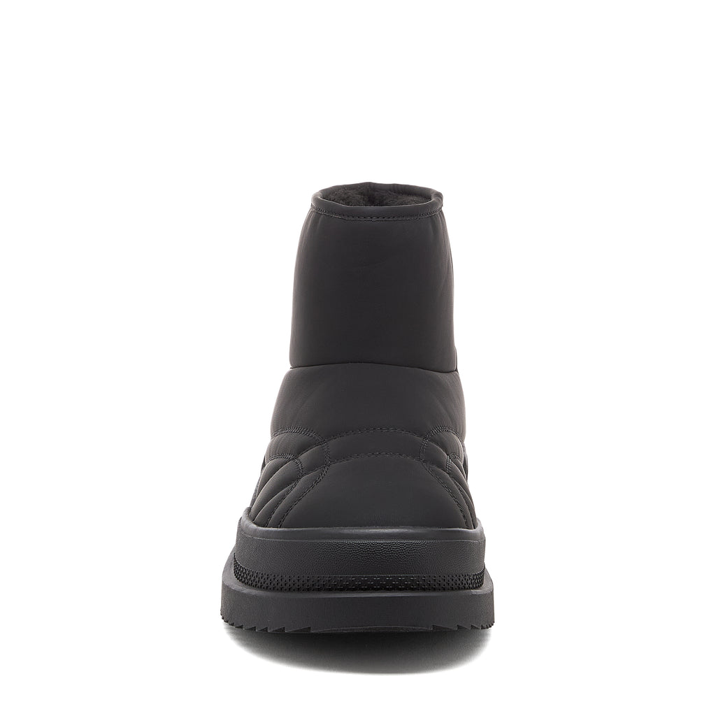 Ryder Black Slipper Boots casual boot front view showing rounded toe, stitched panel detail and black chunky sole
