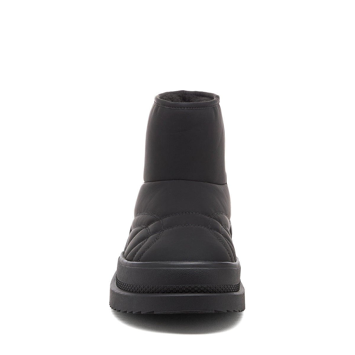 Ryder Black Slipper Boots casual boot front view showing rounded toe, stitched panel detail and black chunky sole