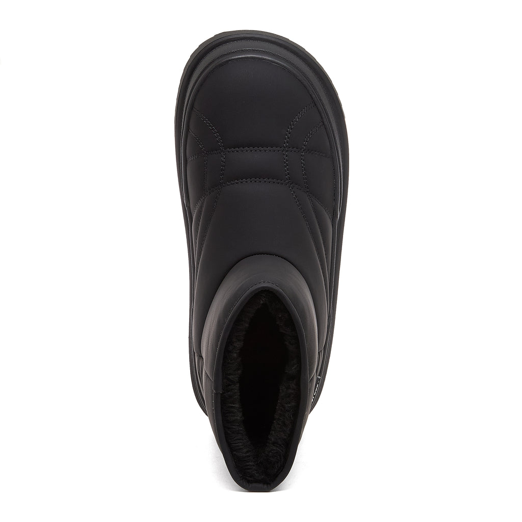 Ryder Black Slipper Boots casual boot top view showing rounded toe stitching, pull-on opening and dark fluffy lining