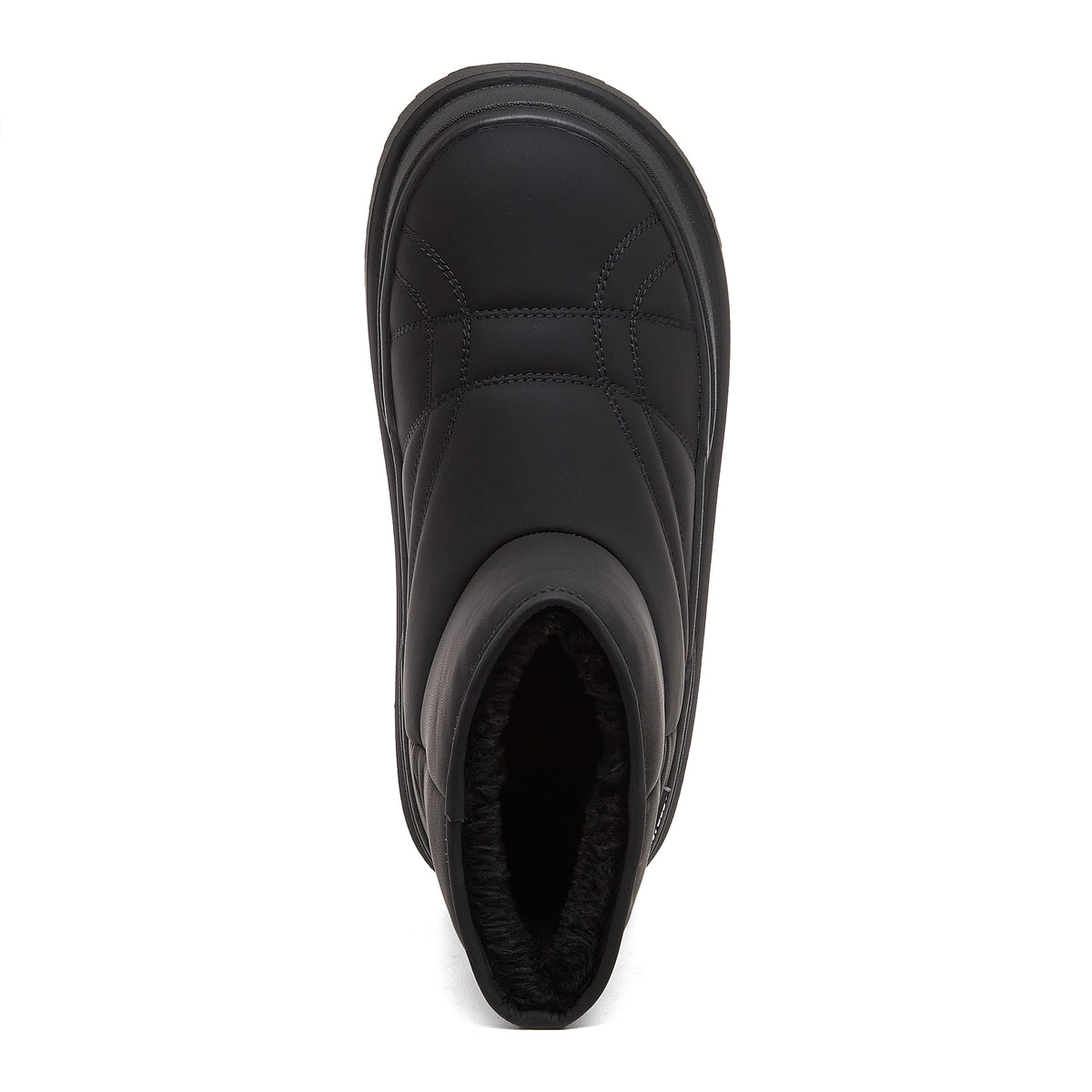 Ryder Black Slipper Boots casual boot top view showing rounded toe stitching, pull-on opening and dark fluffy lining