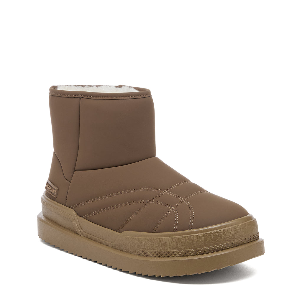 Ryder Dark Brown Slipper Boots front angled view showing cream collar lining, curved stitching and chunky sole