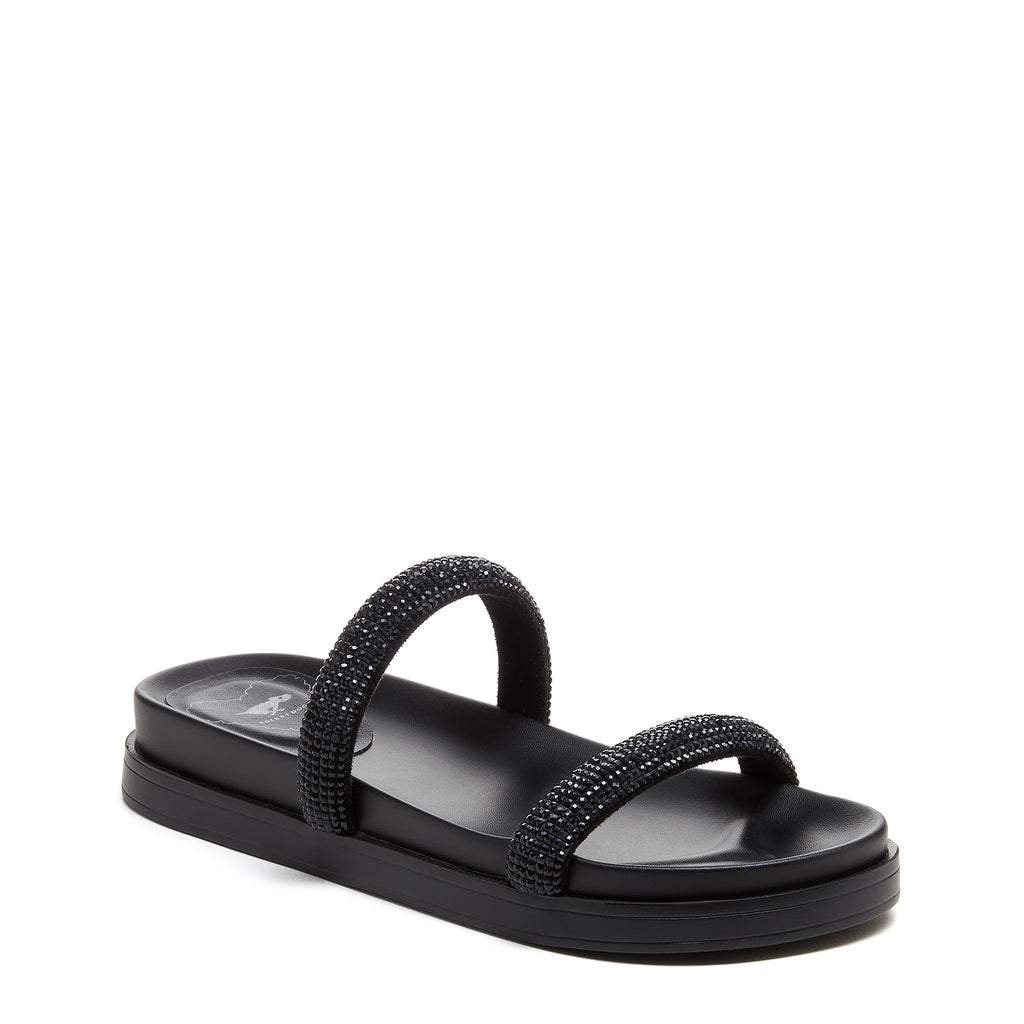 Sparkle Black Slide Sandals black sandals angled front view with two sparkly straps and low black sole