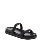 Sparkle Black Slide Sandals black sandals angled front view with two sparkly straps and low black sole