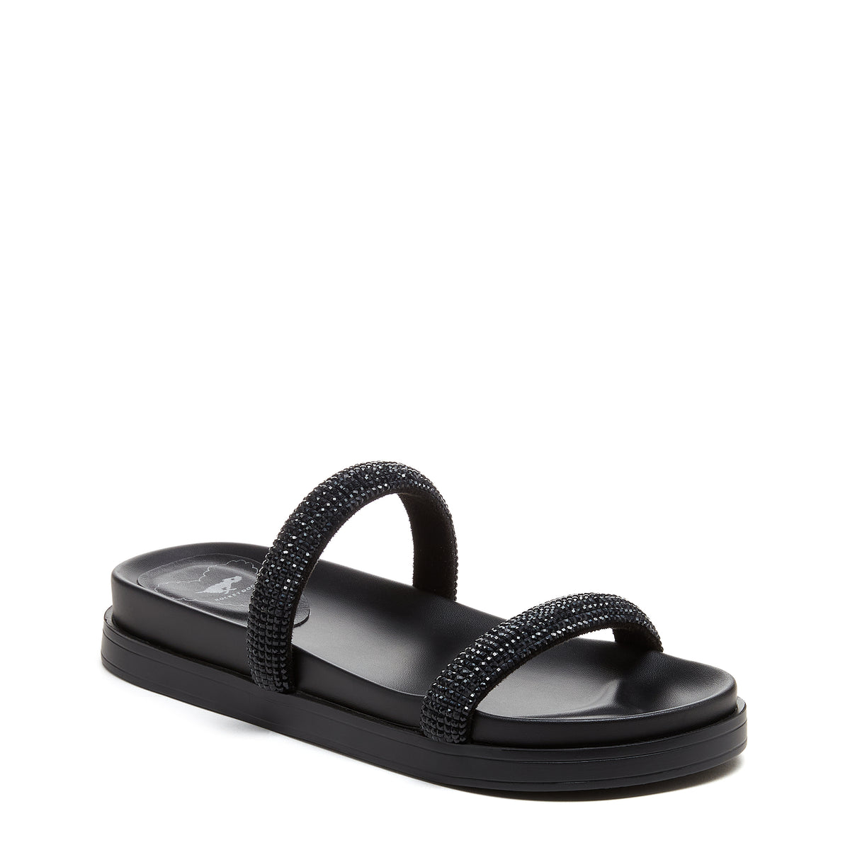 Sparkle Black Slide Sandals black sandals angled front view with two sparkly straps and low black sole