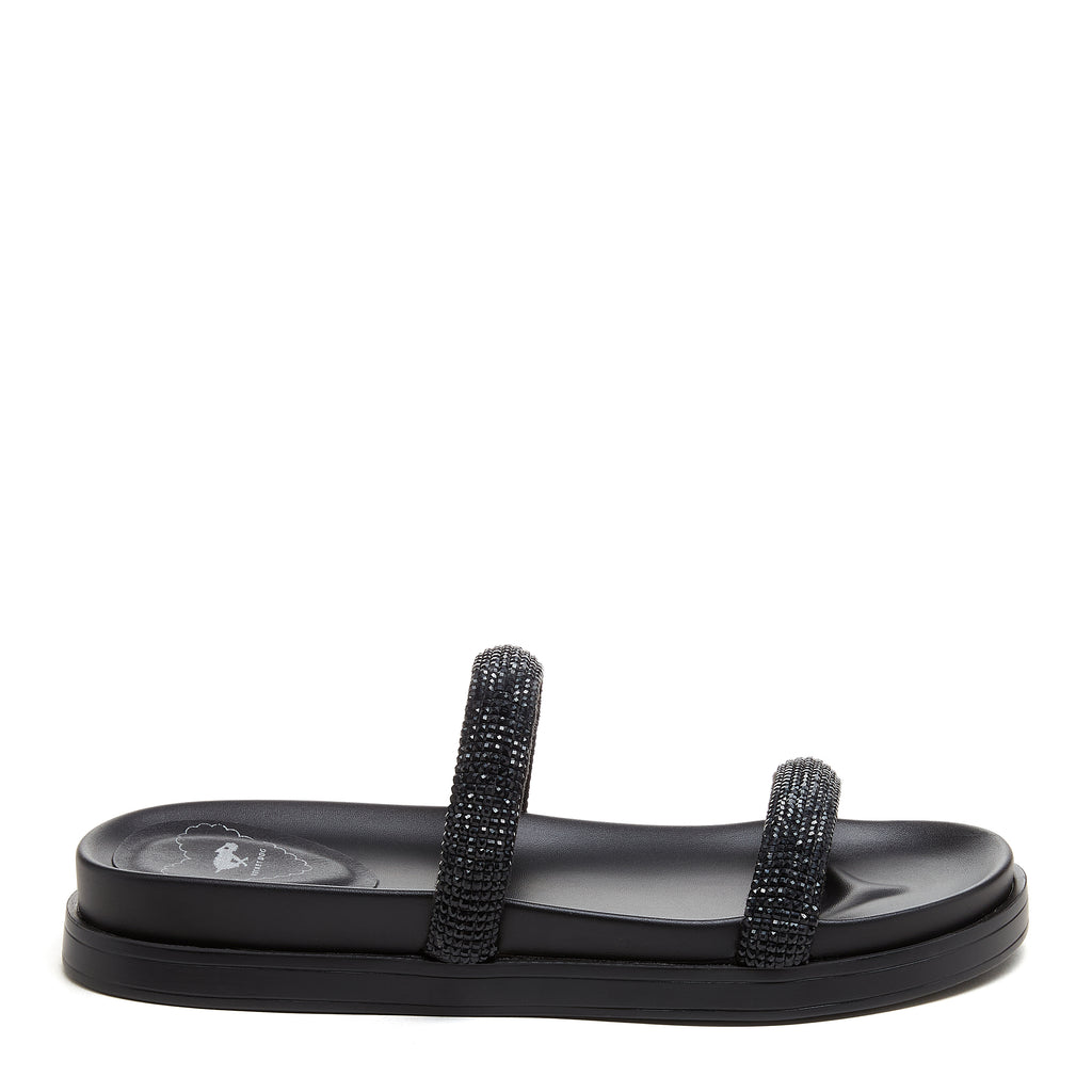 Sparkle Black Slide Sandals black sandals rear view showing two sparkly straps and low black sole