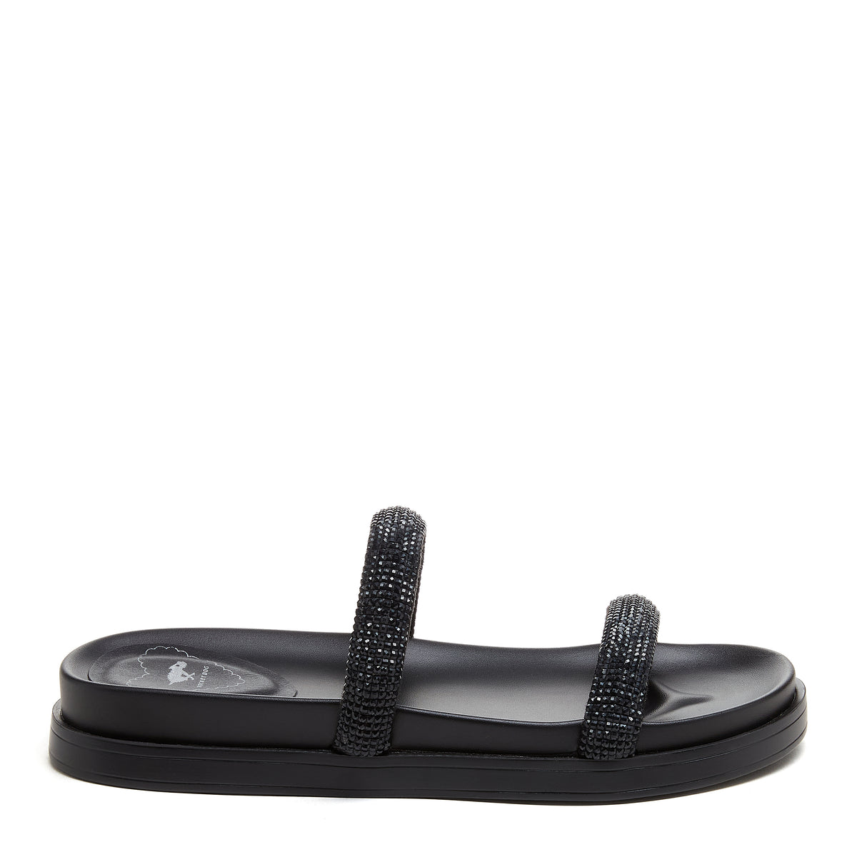 Sparkle Black Slide Sandals black sandals rear view showing two sparkly straps and low black sole