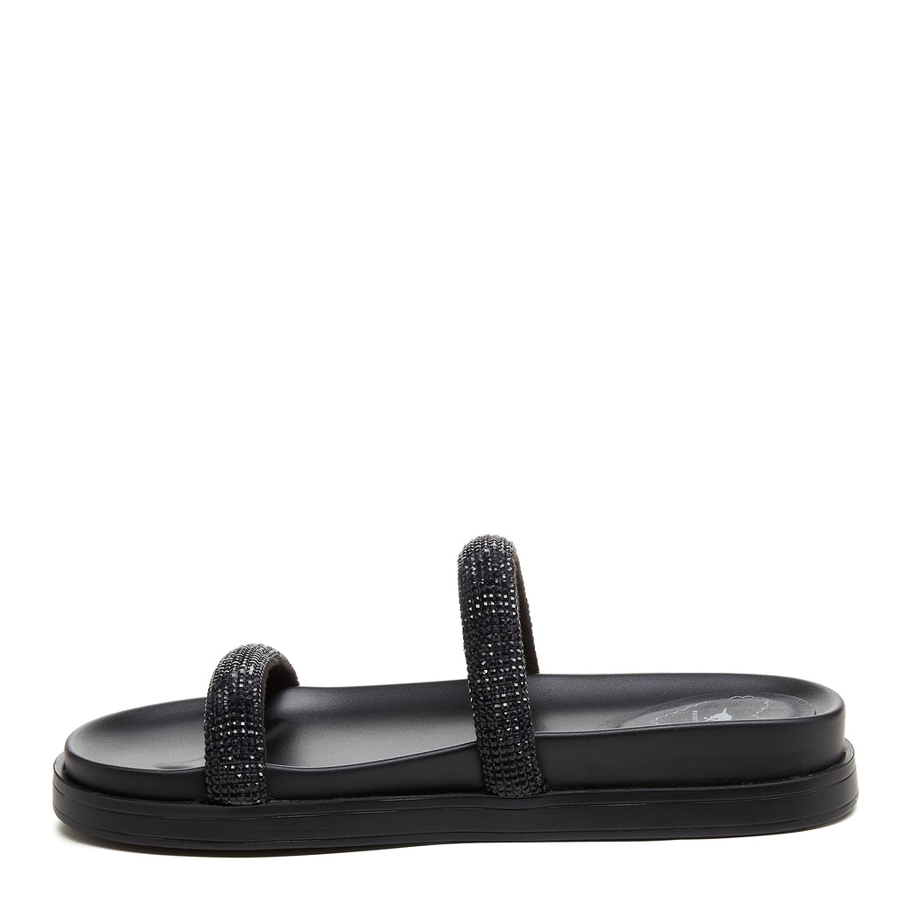 Sparkle Black Slide Sandals black sandals side profile showing sparkly double strap design