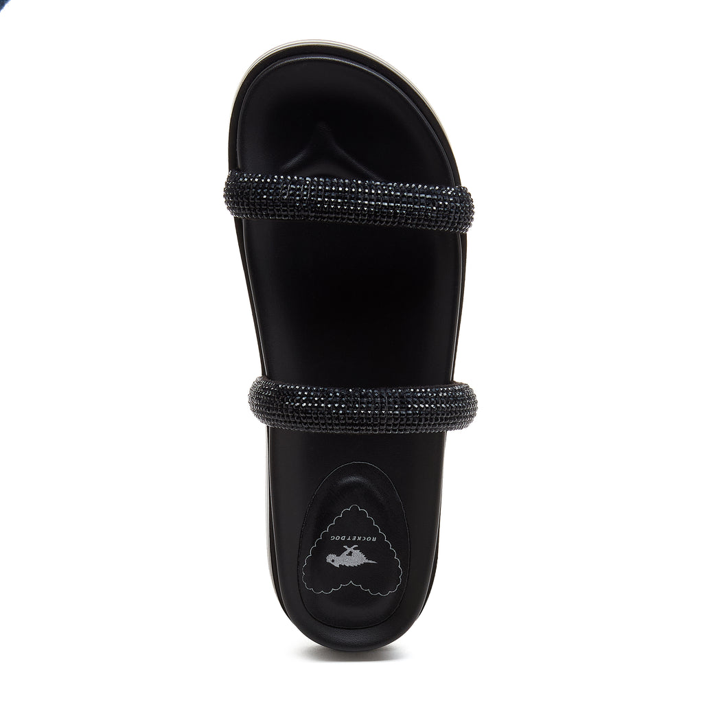 Sparkle Black Slide Sandals black sandals top view showing two sparkly straps and branded insole detail