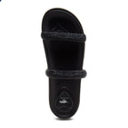 Sparkle Black Slide Sandals black sandals top view showing two sparkly straps and branded insole detail