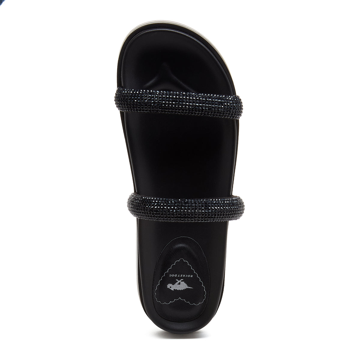 Sparkle Black Slide Sandals black sandals top view showing two sparkly straps and branded insole detail