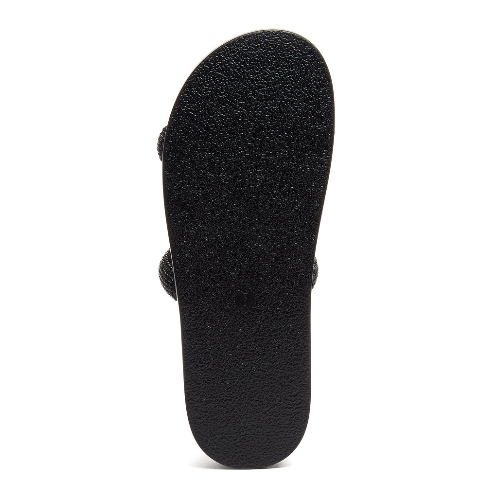 Sparkle Black Slide Sandals black sandals sole view showing textured black outsole