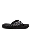 Side view of the Rocket Dog Spotlight black diamond flip flop, patterned strap on a black platform