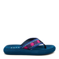 Side view of the Rocket Dog Spotlight embroidered purple flip flop, embroidered strap on a navy platform