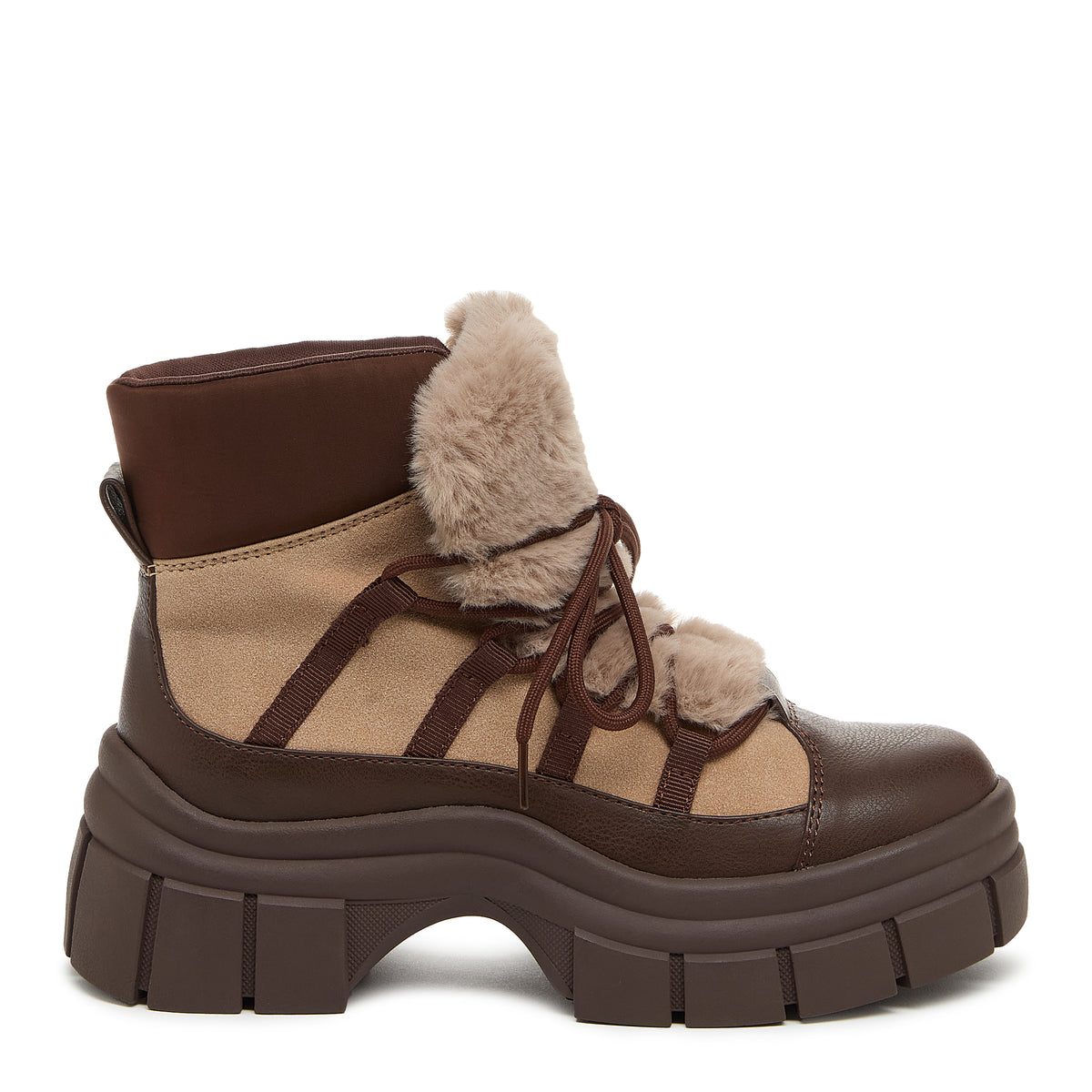 A taupe platform lace-up boot with faux fur detailing on the ankle and a chunky sole.