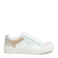 Side view of the Rocket Dog Cheery white colour block trainer, white upper with beige and light blue panels