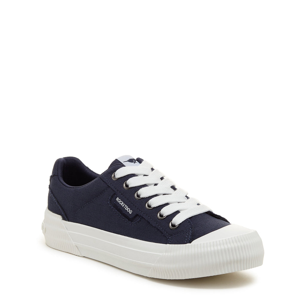 Cheery Navy Trainers front three-quarter view showing white laces, metal eyelets and white rubber toe cap