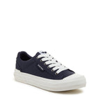 Cheery Navy Trainers front three-quarter view showing white laces, metal eyelets and white rubber toe cap