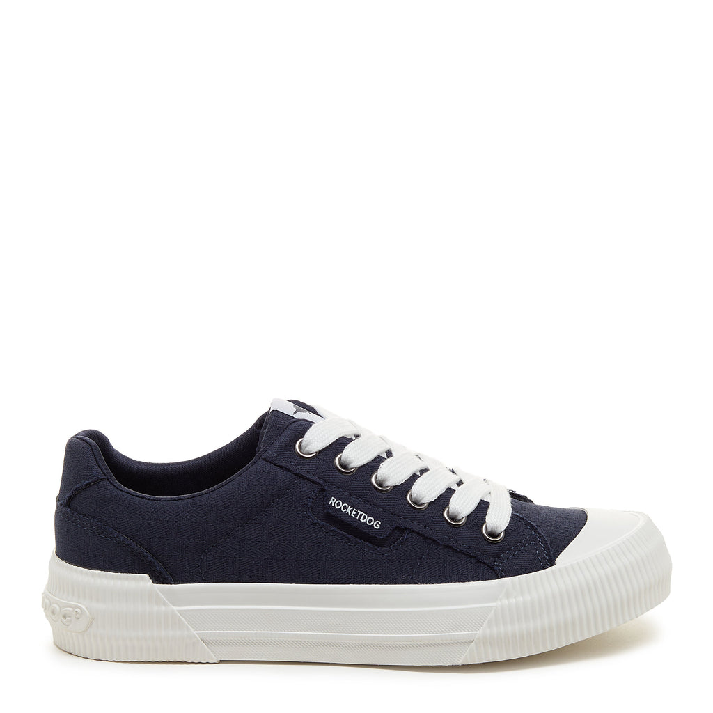 Cheery Navy Trainers side profile showing Rocket Dog side branding, white laces and white rubber sole