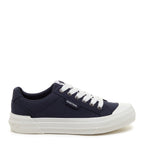 Cheery Navy Trainers side profile showing Rocket Dog side branding, white laces and white rubber sole