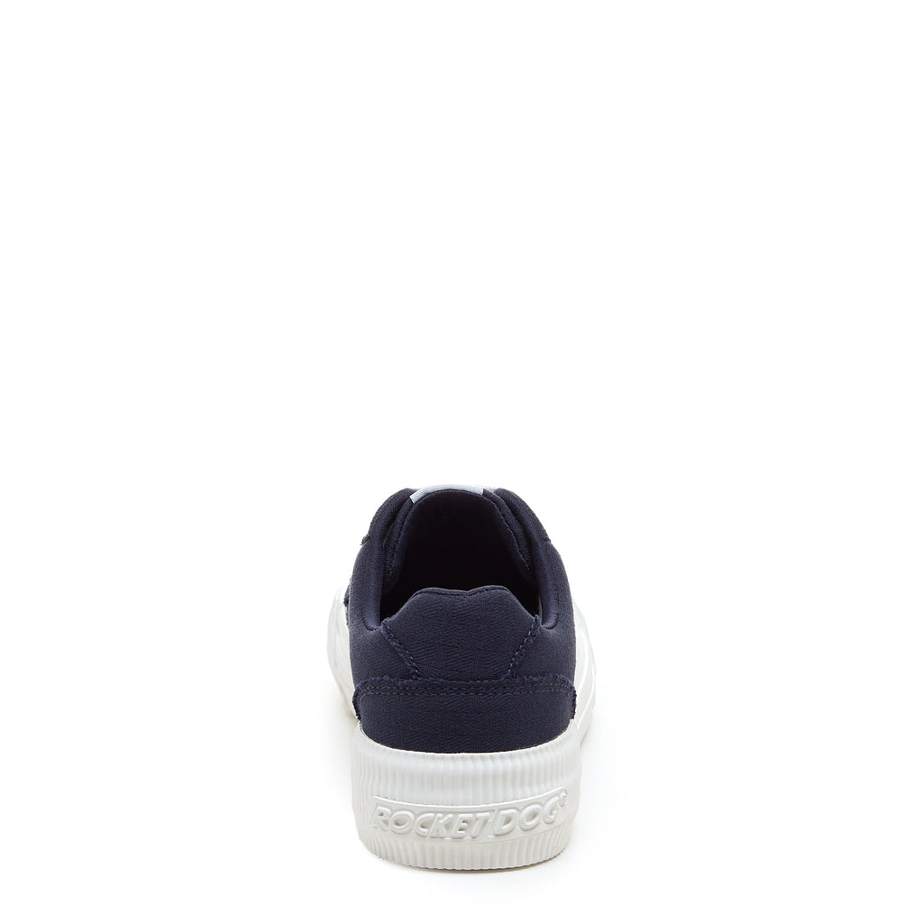 Cheery Navy Trainers rear view showing navy heel and embossed Rocket Dog logo on the white sole