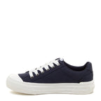 Cheery Navy Trainers side profile showing white laces, white rubber toe cap and white sole