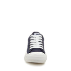 Cheery Navy Trainers front view showing white laces and ribbed white rubber toe bumper