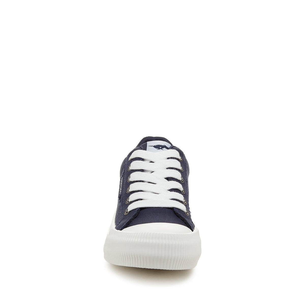 Cheery Navy Trainers front view showing white laces and ribbed white rubber toe bumper