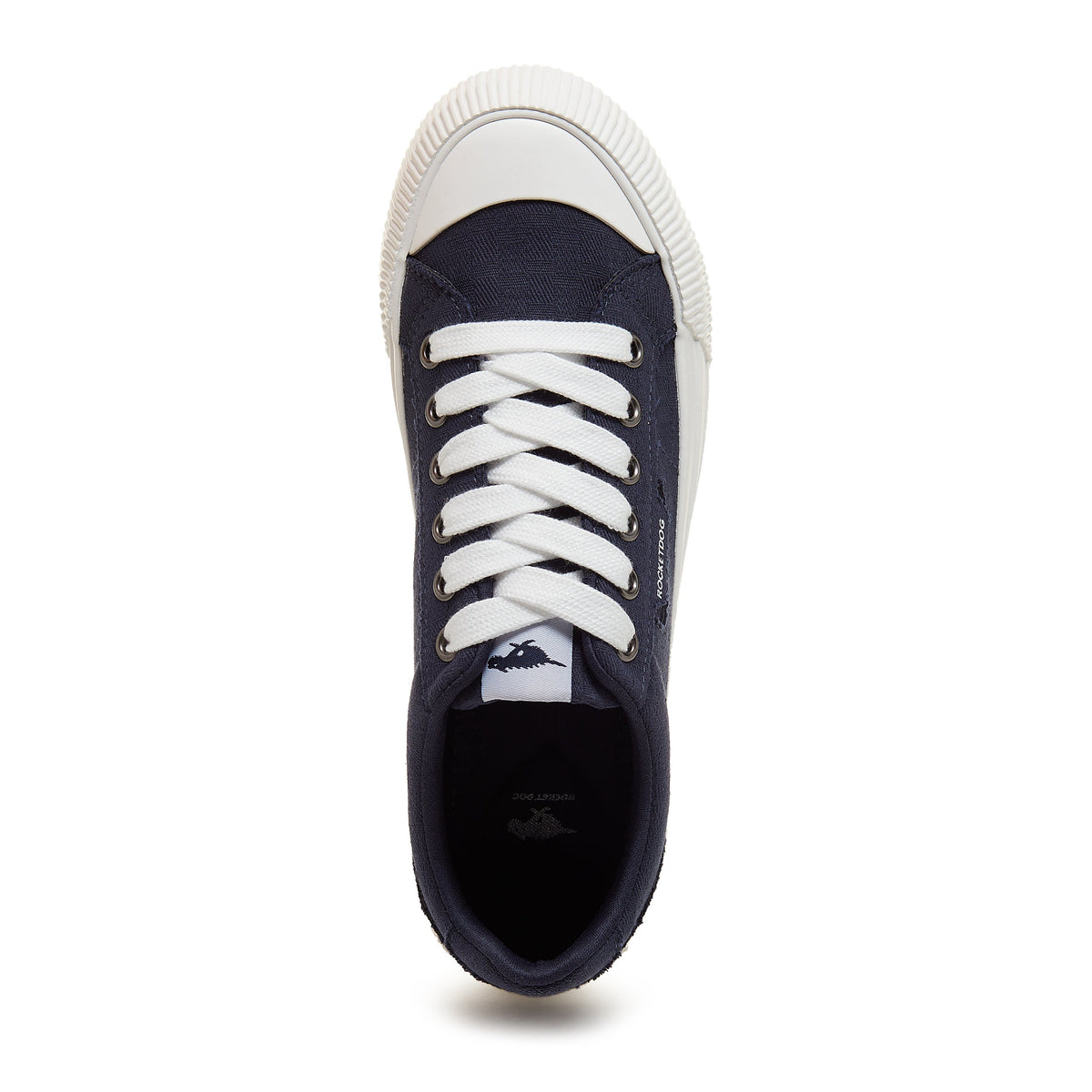 Cheery Navy Trainers top view showing white laces, metal eyelets and navy tongue