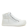 Side view of the Rocket Dog Jazzin all white high top trainer, white canvas and white toe cap