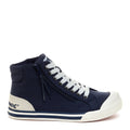 Side view of the Rocket Dog Jazzin navy high top trainer, navy canvas and white toe cap