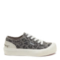 Side view of the Rocket Dog Jazzin Plus grey leopard platform trainer, grey leopard print canvas and platform sole
