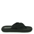 Side view of the Rocket Dog Spotlight Lima black crochet flip flop, black crochet strap on a black platform