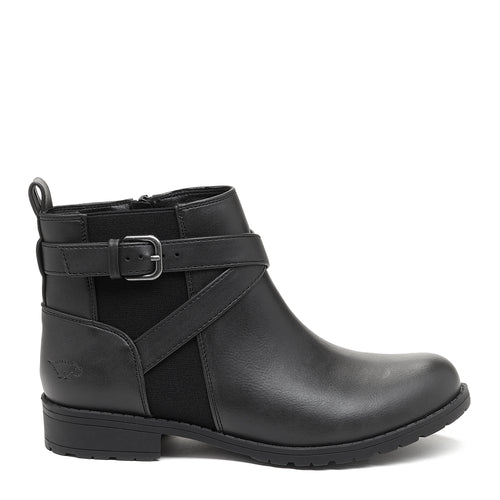 A black ankle boot with a buckle strap detail on the upper, synthetic leather material, with a flat sole and inside zip closure.