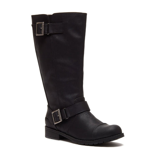 Berry Black Biker Boot three-quarter view showing black finish, two buckle straps and round toe
