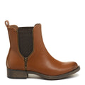 Side view of the Rocket Dog Camilla tan Chelsea boot, elastic side panel and stacked heel