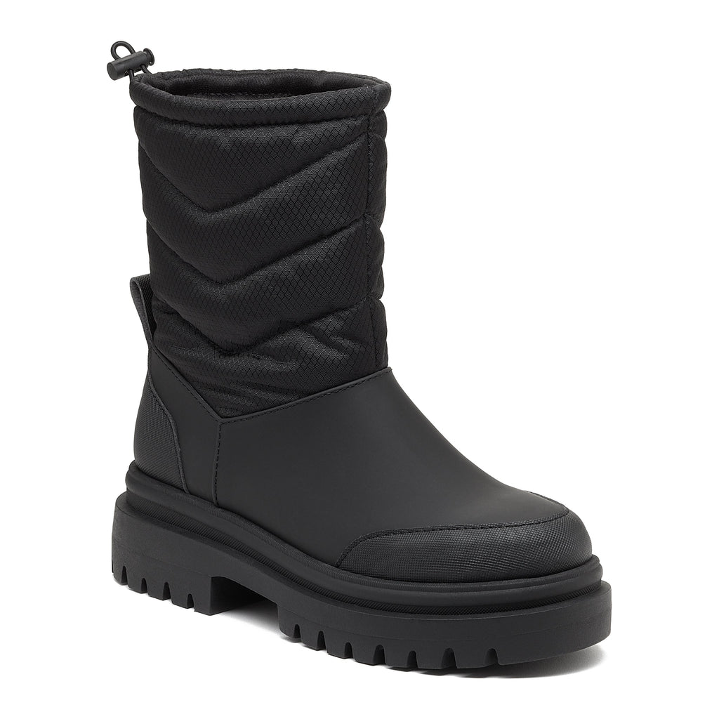 Dita Black Winter Boot black boot front angled view with quilted shaft, textured toe panel and chunky sole
