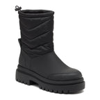 Dita Black Winter Boot black boot front angled view with quilted shaft, textured toe panel and chunky sole