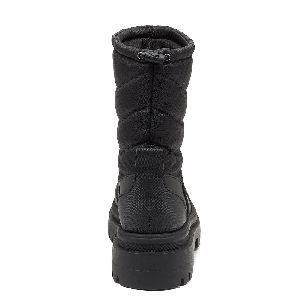 Dita Black Winter Boot black boot rear view with quilted shaft, collar toggle and chunky treaded sole