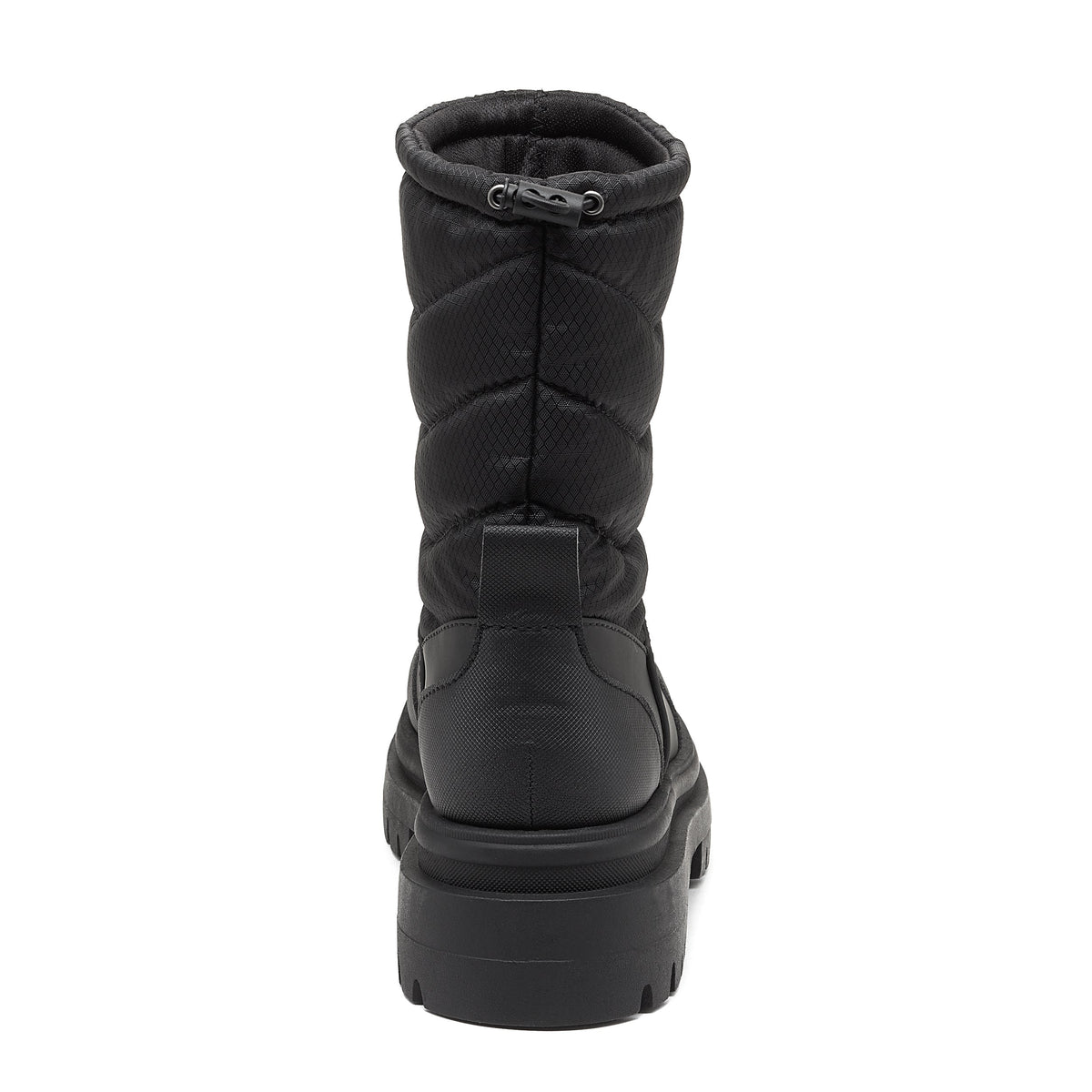 Dita Black Winter Boot black boot rear view with quilted shaft, collar toggle and chunky treaded sole