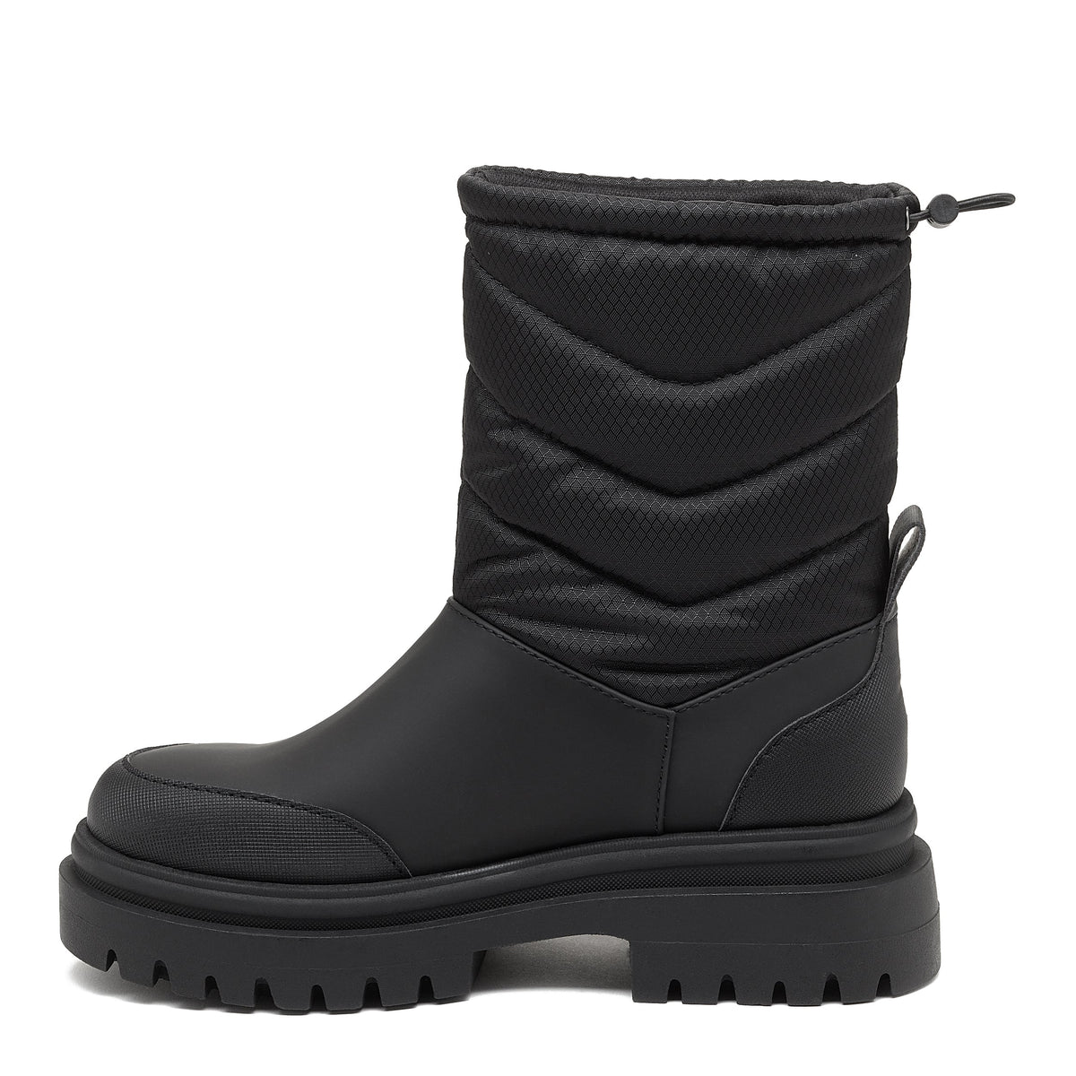 Dita Black Winter Boot black boot side view with quilted shaft, smooth lower panel and chunky treaded sole