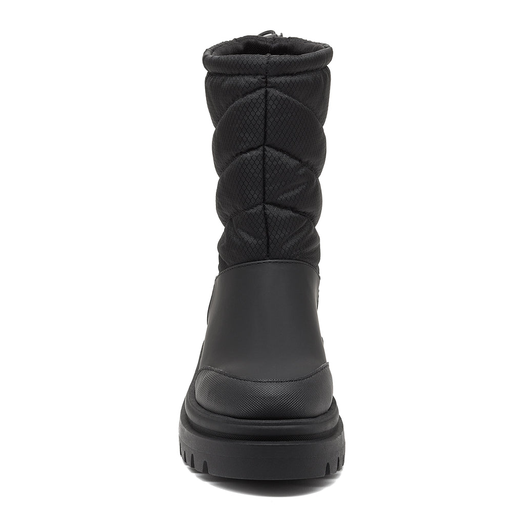 Dita Black Winter Boot black boot front view with quilted shaft, smooth lower panel and chunky sole